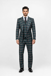 Suits With Baggy Pleated Pants - Wide Leg Pants 100% Wool - Classic Fit in Green Color by Rossiman