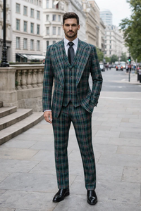 Suits With Baggy Pleated Pants - Wide Leg Pants 100% Wool - Classic Fit in Green Color by Rossiman