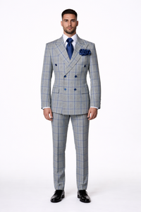 Suits With Baggy Pleated Pants - Wide Leg Pants 100% Wool - Classic Fit in Color Grey with Blue Plaid by Rossiman