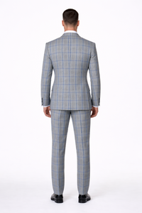 Suits With Baggy Pleated Pants - Wide Leg Pants 100% Wool - Classic Fit in Color Grey with Blue Plaid by Rossiman
