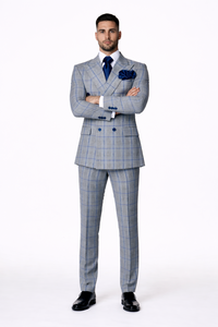 Suits With Baggy Pleated Pants - Wide Leg Pants 100% Wool - Classic Fit in Color Grey with Blue Plaid by Rossiman