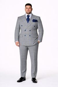 Suits With Baggy Pleated Pants - Wide Leg Pants 100% Wool - Classic Fit in Color Grey with Blue Plaid by Rossiman