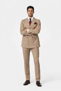Suits With Baggy Pleated Pants - Wide Leg Pants 100% Wool - Classic Fit in Light Brown with Brown Pinstripe Color by Rossiman