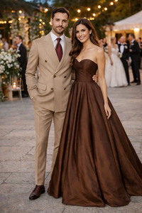 Suits With Baggy Pleated Pants - Wide Leg Pants 100% Wool - Classic Fit in Light Brown with Brown Pinstripe Color by Rossiman