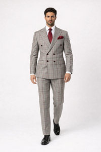 Suits With Baggy Pleated Pants - Wide Leg Pants 100% Wool - Classic Fit in Color Grey with Red Plaid by Rossiman