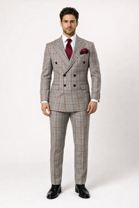 Suits With Baggy Pleated Pants - Wide Leg Pants 100% Wool - Classic Fit in Color Grey with Red Plaid by Rossiman