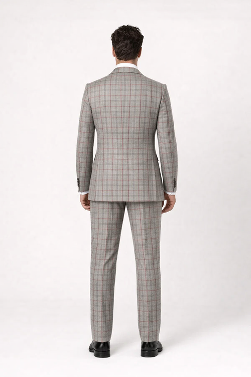 Suits With Baggy Pleated Pants - Wide Leg Pants 100% Wool - Classic Fit in Color Grey with Red Plaid by Rossiman