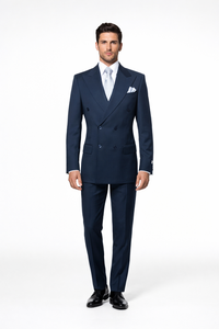 Suits With Baggy Pleated Pants - Wide Leg Pants 100% Wool - Classic Fit in Navy with White Pinstripe Color by Rossiman