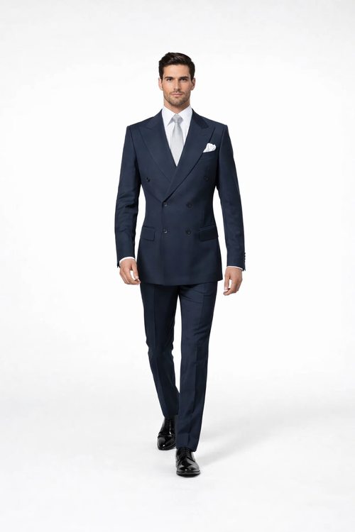 Suits With Baggy Pleated Pants - Wide Leg Pants 100% Wool - Classic Fit in Navy with White Pinstripe Color by Rossiman