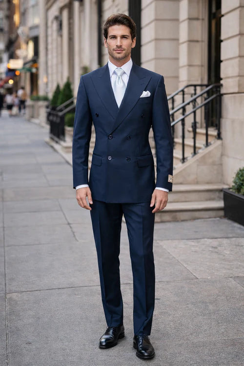 Suits With Baggy Pleated Pants - Wide Leg Pants 100% Wool - Classic Fit in Navy with White Pinstripe Color by Rossiman