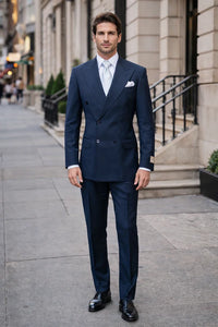 Suits With Baggy Pleated Pants - Wide Leg Pants 100% Wool - Classic Fit in Navy with White Pinstripe Color by Rossiman