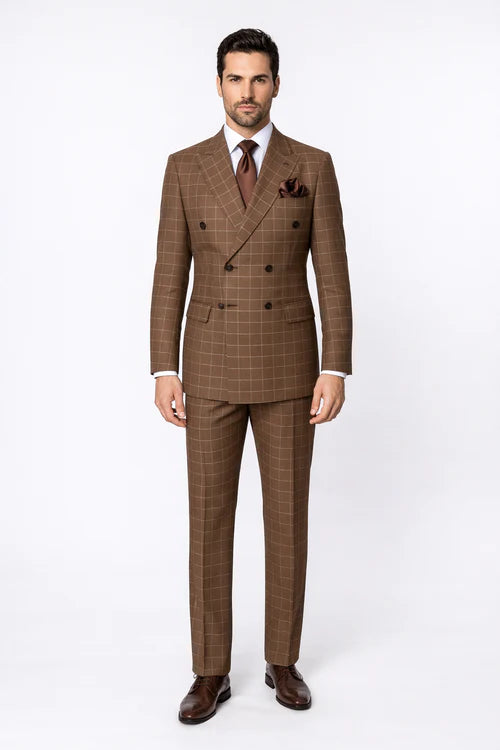 Rossiman Men’s Brown Plaid Suit – Classic Fit with Baggy Pleated Wide-Leg Wool Trousers