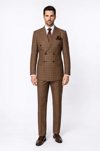 Suits With Baggy Pleated Pants - Wide Leg Pants 100% Wool - Classic Fit in Brown Plaid Color by Rossiman