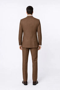 Suits With Baggy Pleated Pants - Wide Leg Pants 100% Wool - Classic Fit in Brown Plaid Color by Rossiman