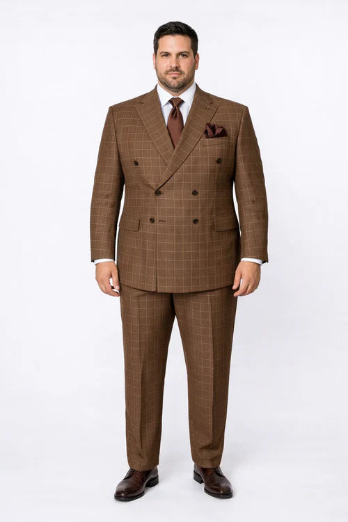 Rossiman Men’s Brown Plaid Suit – Classic Fit with Baggy Pleated Wide-Leg Wool Trousers