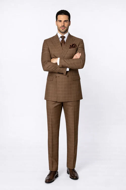 Rossiman Men’s Brown Plaid Suit – Classic Fit with Baggy Pleated Wide-Leg Wool Trousers