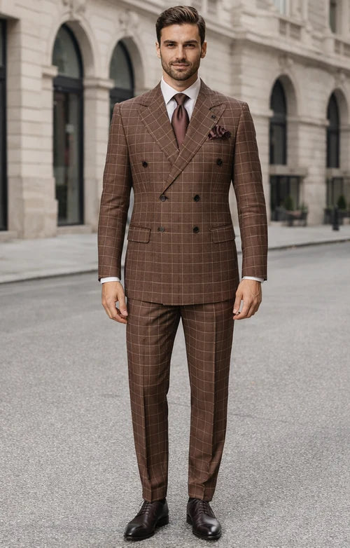 Rossiman Men’s Brown Plaid Suit – Classic Fit with Baggy Pleated Wide-Leg Wool Trousers