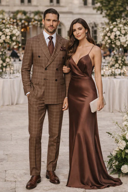 Rossiman Men’s Brown Plaid Suit – Classic Fit with Baggy Pleated Wide-Leg Wool Trousers