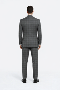 Suits With Baggy Pleated Pants - Wide Leg Pants 100% Wool - Classic Fit in Color Charcoal with Blue Plaid by Rossiman