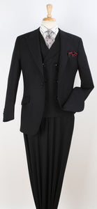 Mens Suit With Pleated Pants - Semi Wide Leg 100% Wool Super 150's Big Peak Lapel Classic Fit Athletic Cut With Double breasted Vest in Black
