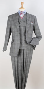 Mens Suit With Pleated Pants - Semi Wide Leg 100% Wool Super 150's Big Peak Lapel Classic Fit Athletic Cut With Double breasted Vest in Grey Windowpane