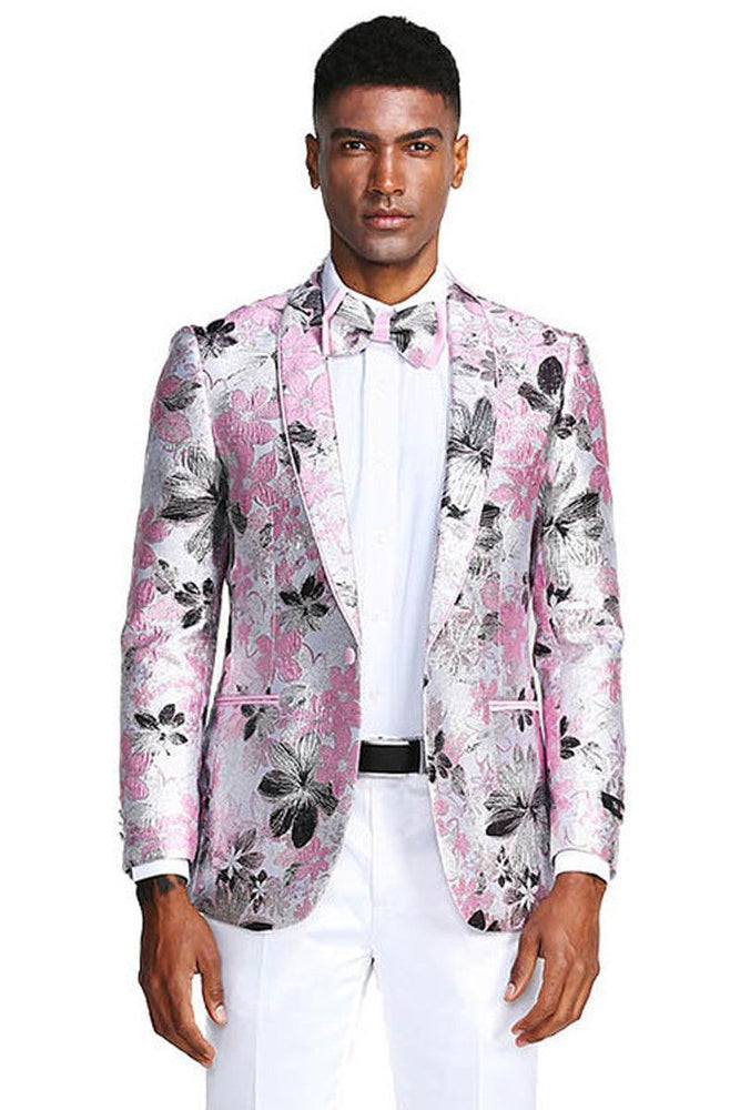 Tailored Titillating Tazio: Slim Fit Paisley Prom Tuxedo Jacket - Pink & Black - USA Men's Outlet