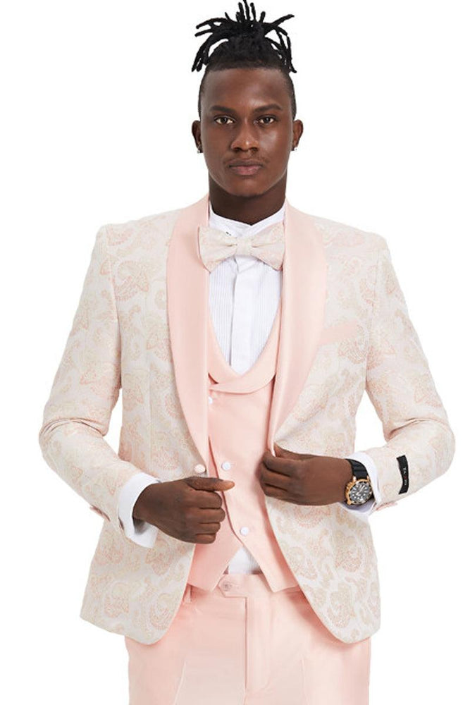 Tazio Embossed Pink Paisley Shawl Lapel Tuxedo - Men's 1-Button Prom - USA Men's Outlet