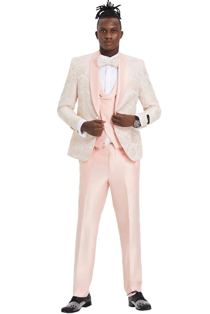 Tazio Embossed Pink Paisley Shawl Lapel Tuxedo - Men's 1-Button Prom - USA Men's Outlet