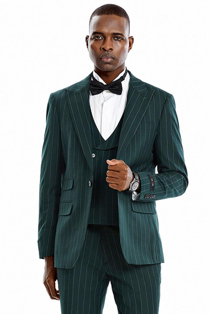 "Tazio Hunter Green Gangster Pinstripe Vested Suit: 1-Btn Wide Peak Lapel" - USA Men's Outlet