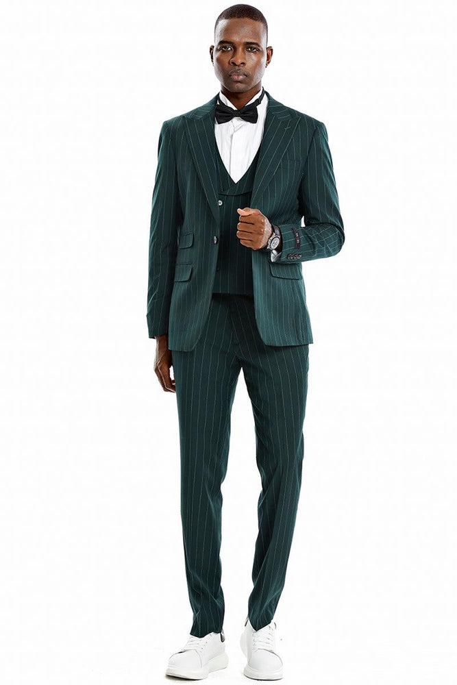 "Tazio Hunter Green Gangster Pinstripe Vested Suit: 1-Btn Wide Peak Lapel" - USA Men's Outlet