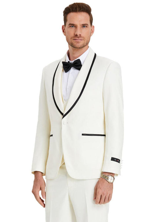 Tazio "Ivory Birdseye" 1-Button Vested Shawl Tuxedo w/Black Satin Trim - USA Men's Outlet