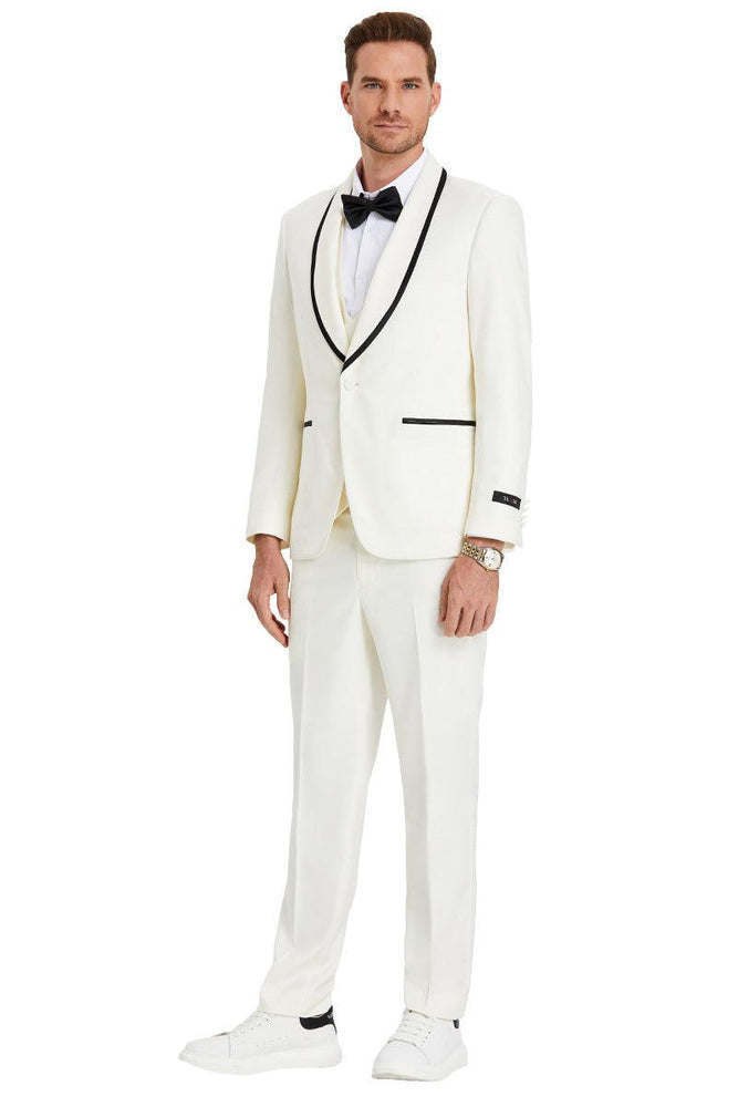 Tazio "Ivory Birdseye" 1-Button Vested Shawl Tuxedo w/Black Satin Trim - USA Men's Outlet