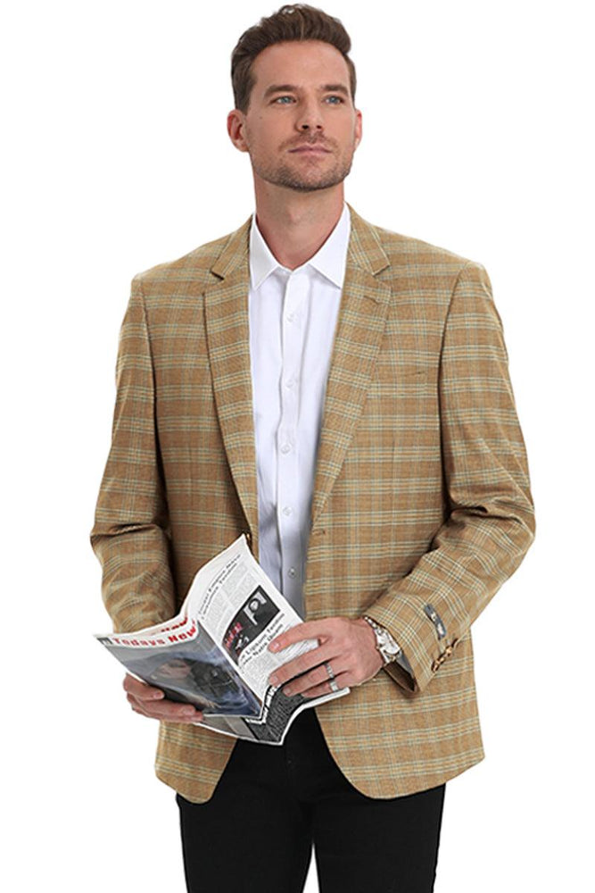 "Tazio Men's 2-Button Business-Casual Camel & Teal Double Windowpane Sport Coat" - USA Men's Outlet