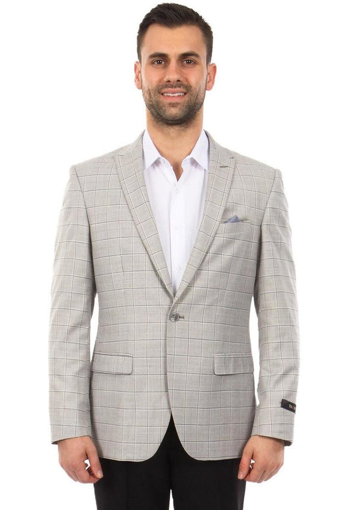 Tazio Men's 2-Button Plaid Windowpane Sport Coat in Light Grey - USA Men's Outlet