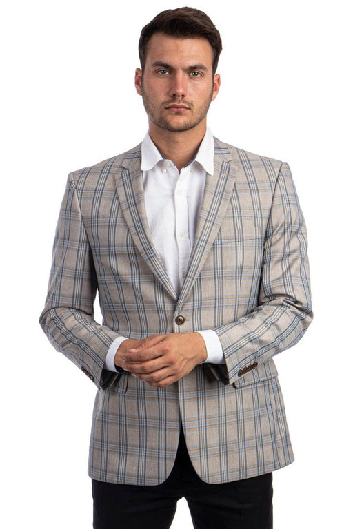 Tazio Men's 2-Button Regular Fit Windowpane Sport Coat in Tan, Blue & Gold - USA Men's Outlet