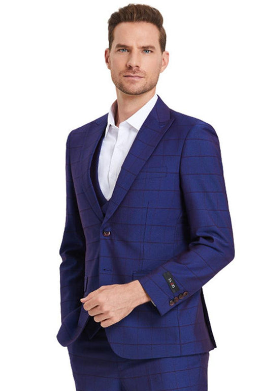 Tazio Men's 2-Button Vested Sharkskin Suit - Indigo Blue with Windowpane Plaid - USA Men's Outlet