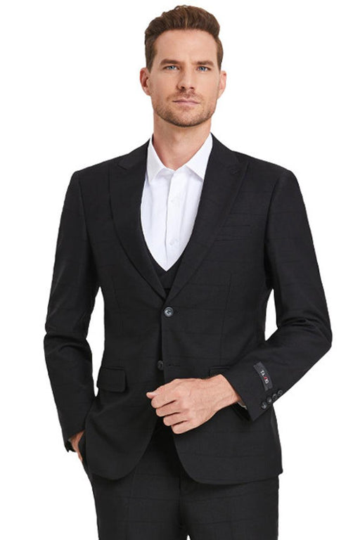 "Tazio Men's Black Peak Lapel Sharkskin Vested Windowpane Suit" - USA Men's Outlet