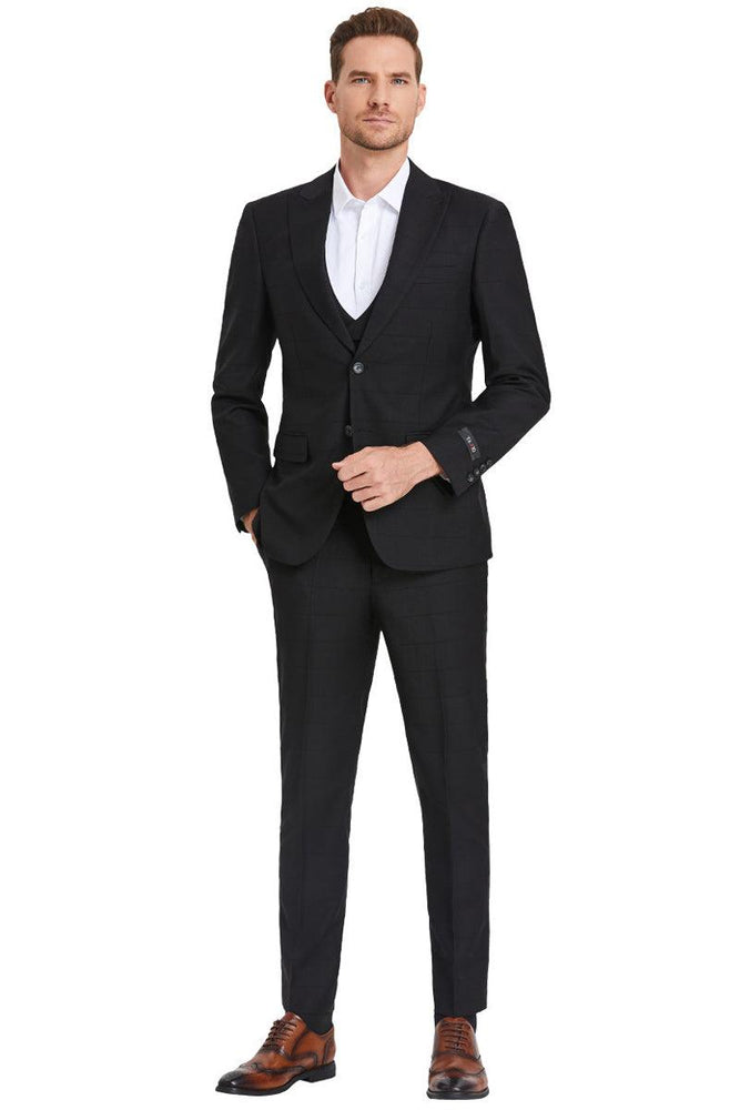 "Tazio Men's Black Peak Lapel Sharkskin Vested Windowpane Suit" - USA Men's Outlet