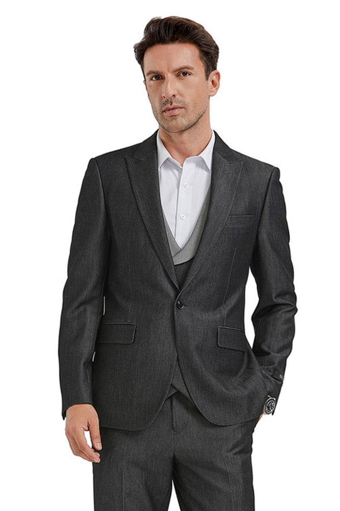 Tazio Men's Black Sharkskin One-Button Vest Suit – Classic Peak Lapel Cut. - USA Men's Outlet