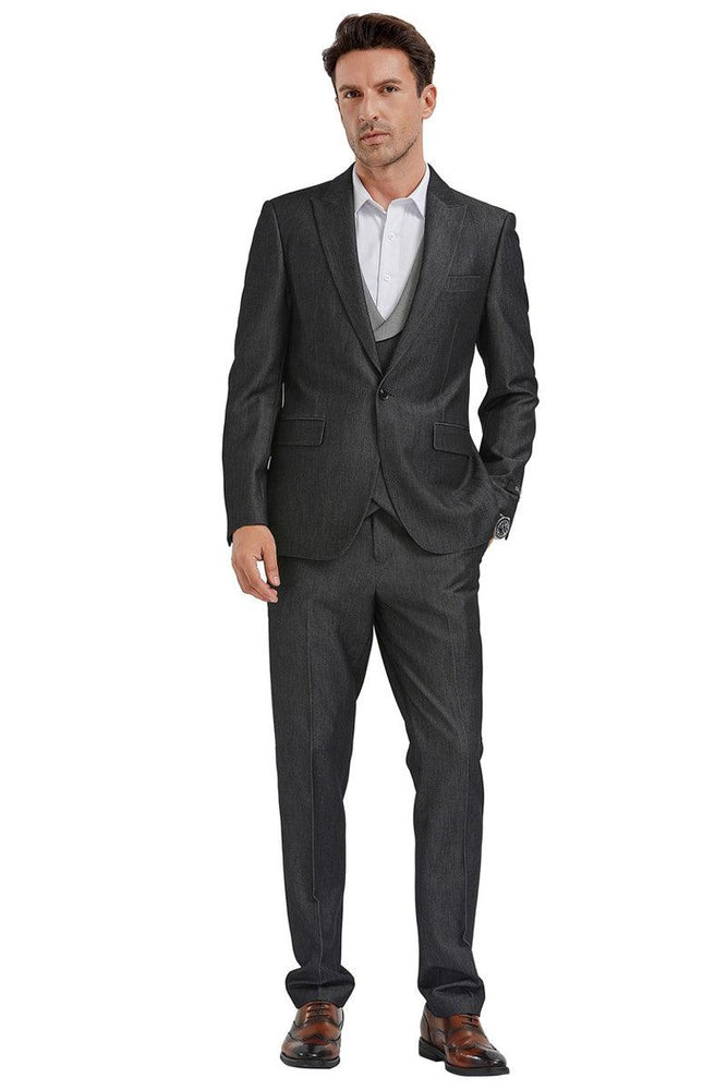 Tazio Men's Black Sharkskin One-Button Vest Suit – Classic Peak Lapel Cut. - USA Men's Outlet