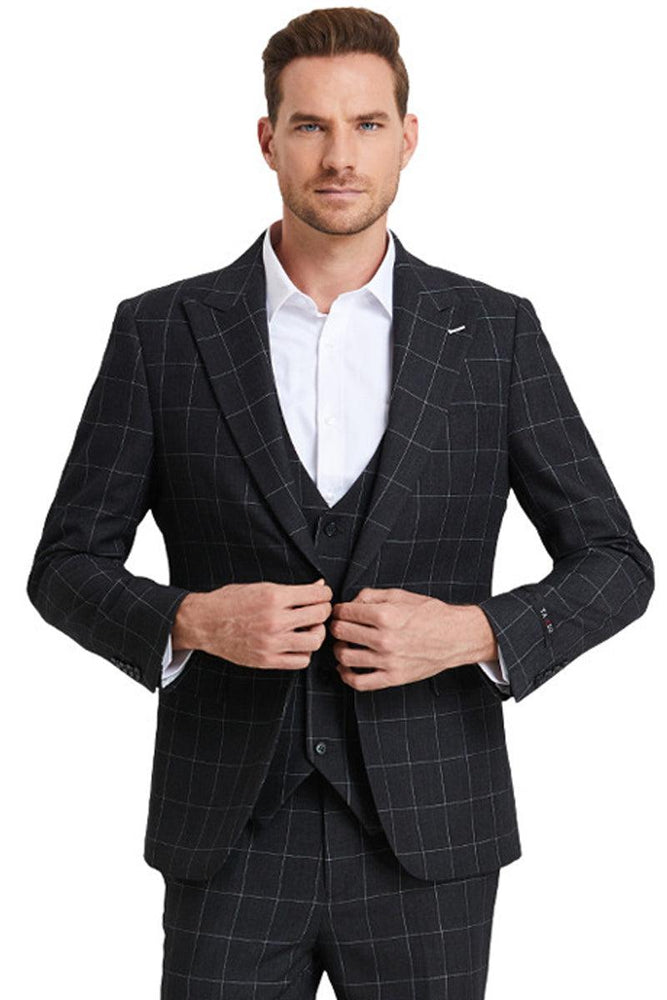 Tazio Men's Black Windowpane Plaid Suit w/ Peak Lapel & Vested One Button - USA Men's Outlet