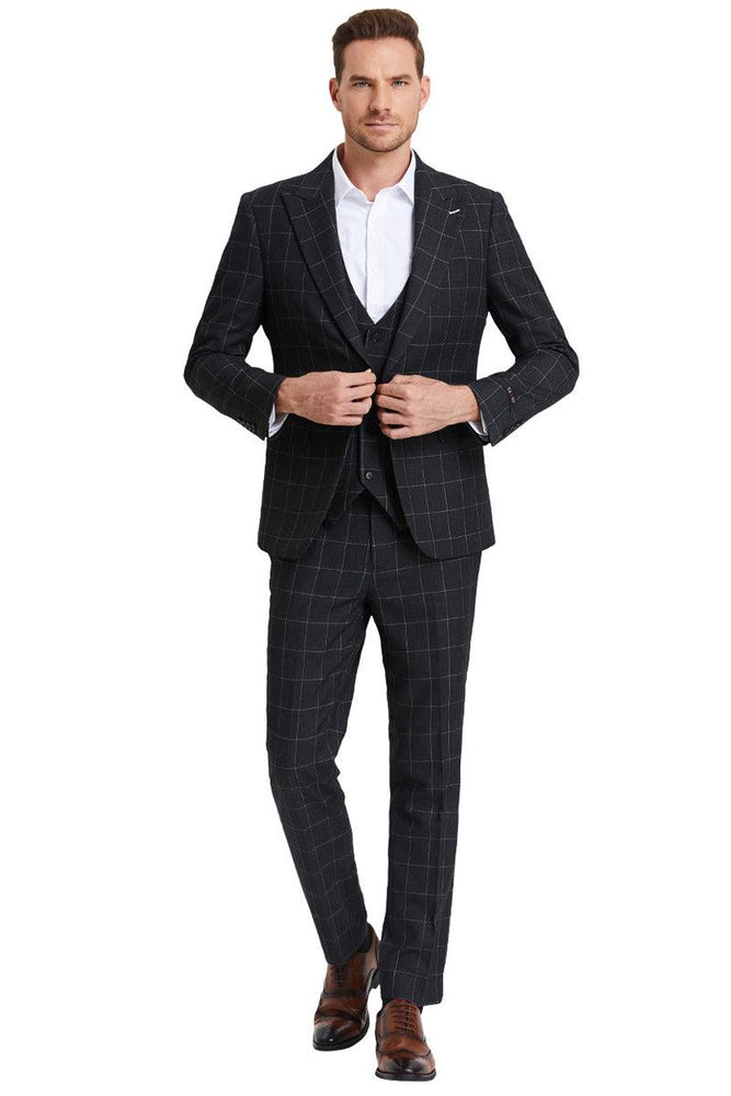 Tazio Men's Black Windowpane Plaid Suit w/ Peak Lapel & Vested One Button - USA Men's Outlet