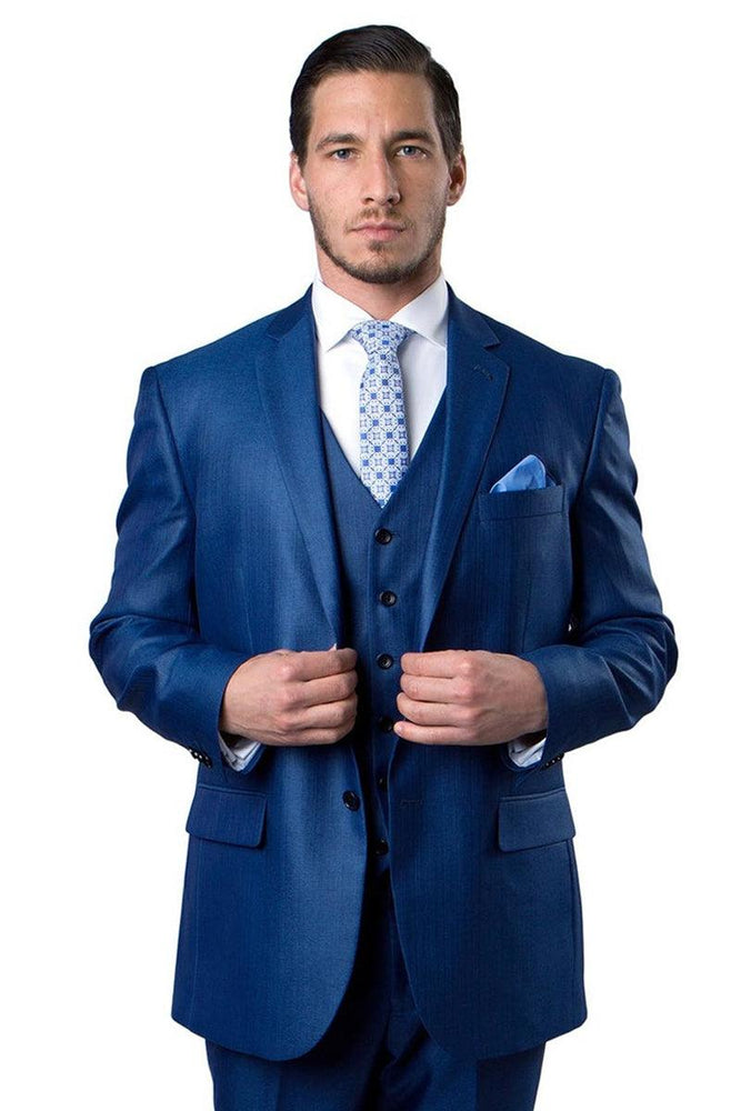 Tazio Men's Blue Textured Sharkskin Vested Business Suit | CLOSE OUT 50R - USA Men's Outlet