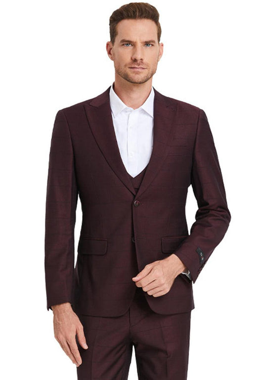 Tazio Men's Burgundy Peakskin Suit with Windowpane Plaid, 2-Button Vesting - USA Men's Outlet