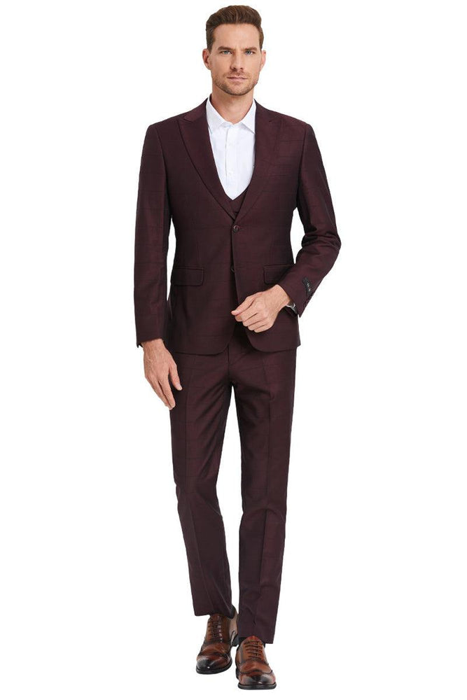 Tazio Men's Burgundy Peakskin Suit with Windowpane Plaid, 2-Button Vesting - USA Men's Outlet