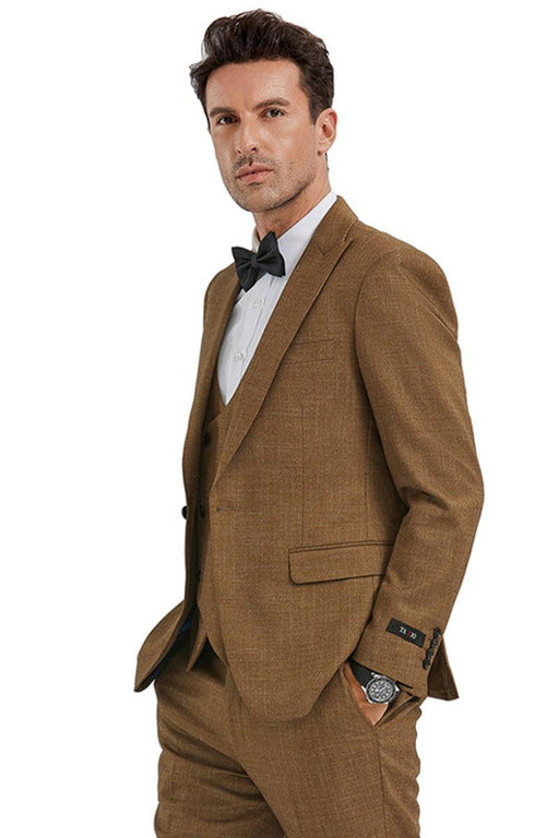 Tazio Men's Camel Sharkskin Slim Fit One-Button Suit & Double-Breasted Vest - USA Men's Outlet