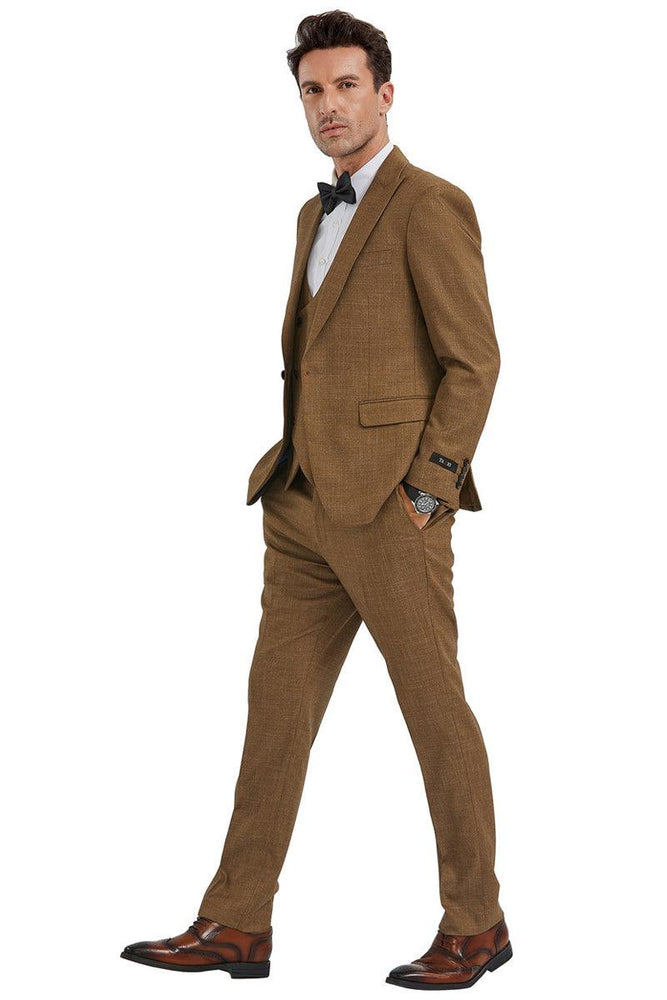 Tazio Men's Camel Sharkskin Slim Fit One-Button Suit & Double-Breasted Vest - USA Men's Outlet