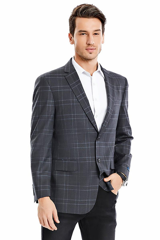 Tazio Men's Charcoal Grey Plaid Two-Button Blazer - Regular Fit, Double Windowpane - USA Men's Outlet