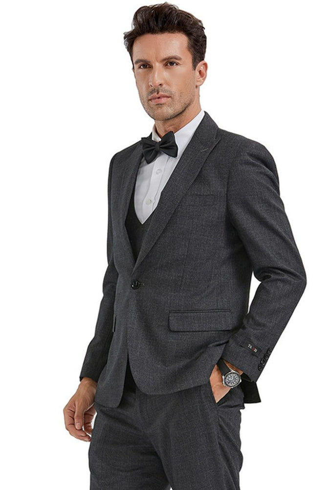 "Tazio Men's Charcoal Sharkskin Slim Suit w/Peak Lapel & Double-Breasted Vest" - USA Men's Outlet