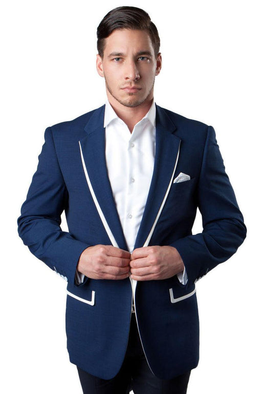 Tazio Men's Clean-Cut One-Button Dark Blue Blazer with Contrasting White Trim - USA Men's Outlet